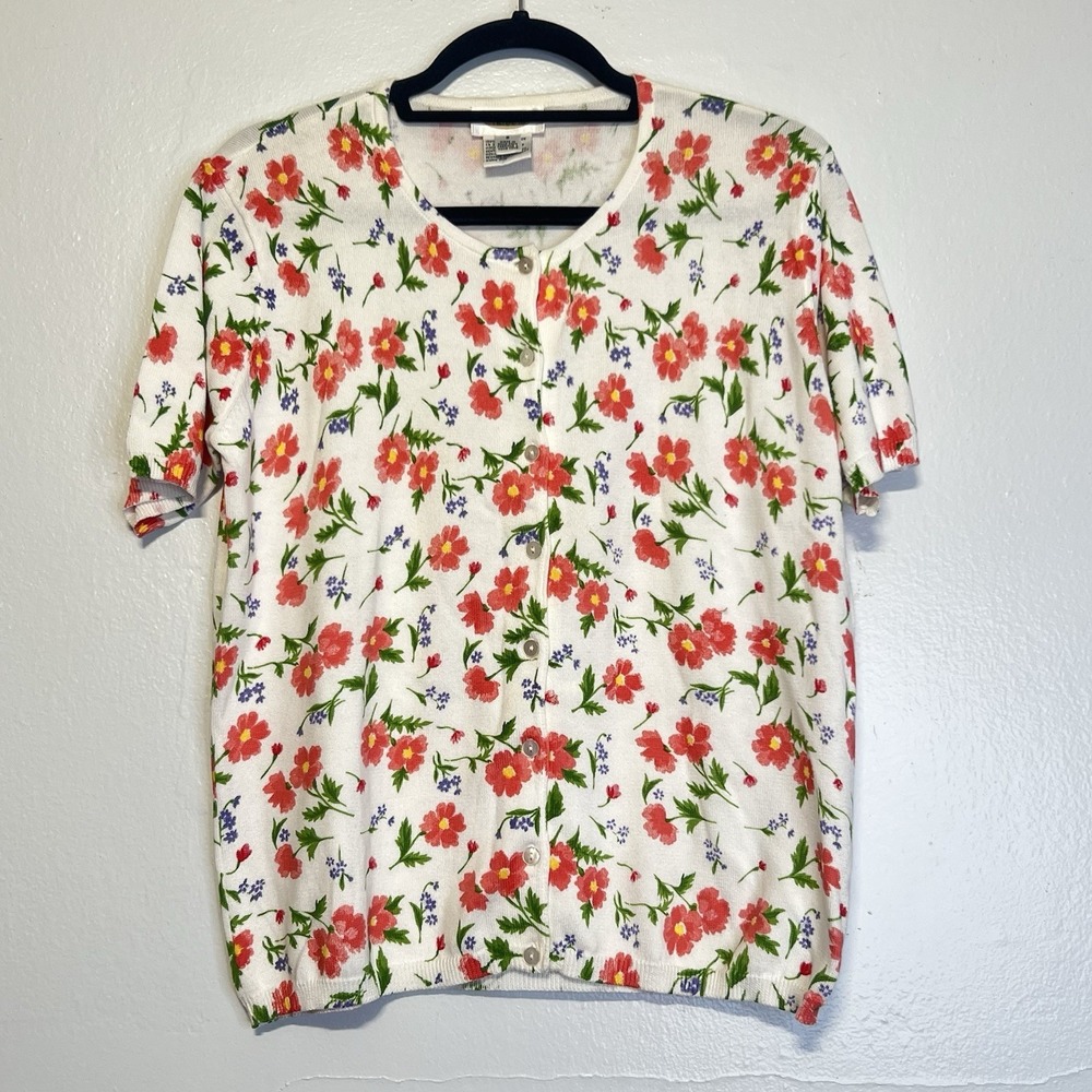 Vintage Talbots Short Sleeves Cardigan Top Bright Floral‎ Button Up Sz S